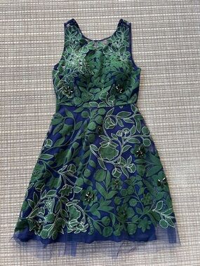 Pankaj & Nidhi Anthropologie Navy Blue Dress with Green Floral Appliqué Size 4